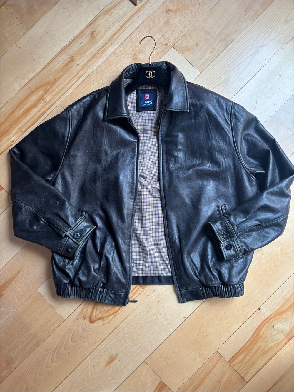 Vintage Chaps Ralph Lauren Black Leather Harrington True Bomber Jacket Size XL